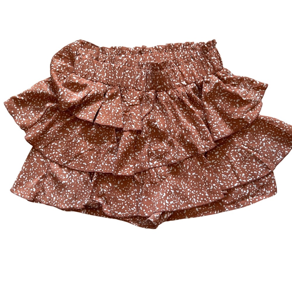 Aaron & Amber Rust Orange White Speckled Tiered Ruffle Smocked Paperbag Skort